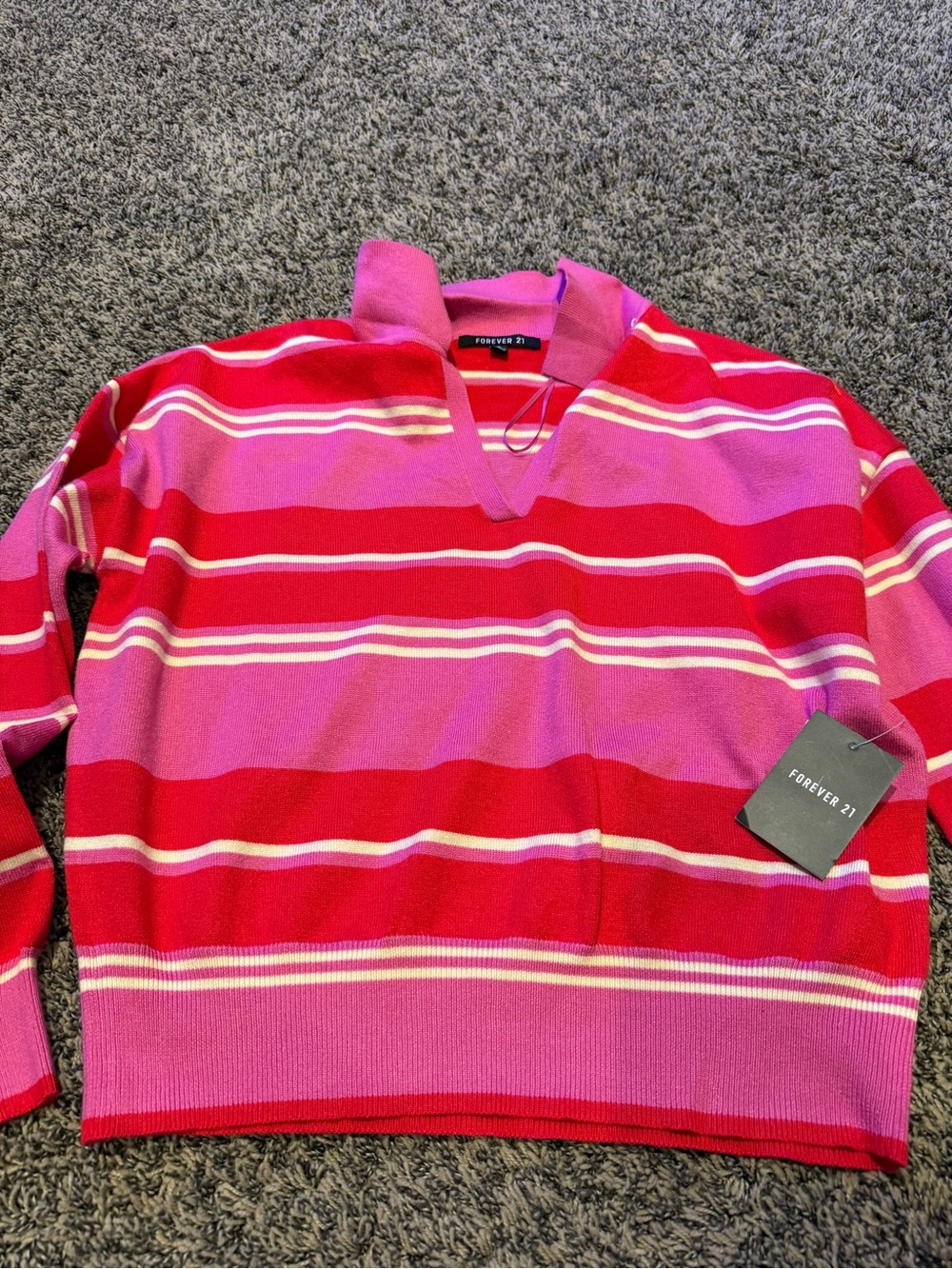 Forever 21 Red and Pink Striped V-Neck Sweater
